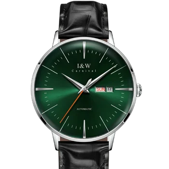 Швейцарската луксозна марка на I & W Carnival MIYOTA Автоматични механични мъжки часовник със сапфир водоустойчив кожена каишка 506 г