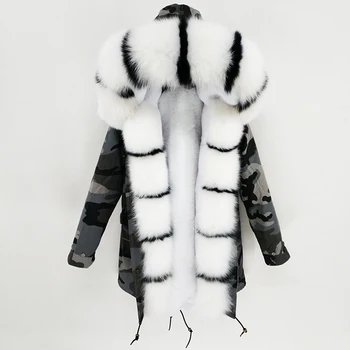 2022 Палто от естествена кожа, Дълга парк, зимно яке, яка жена от естествен Лисьего кожа, качулка, подплата от естествена кожа, дебела топла градинска дрехи, марка
