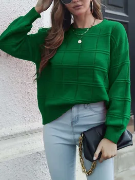 2023 Есента зелен пуловер, дамски жилетки, вязаный пуловер, пуловер, женски зимен свободен пуловер с дълъг ръкав за жени