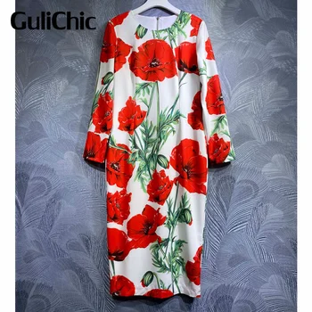 4,12 GuliChic-Секси елегантна рокля миди с флорални принтом и кръгло деколте и дълъг ръкав