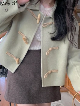 Moyizif/ вълна палто в стил ретро с ревери и роговыми бутони, свободни къси двустранни кашмир палта, дамски корейски шик дамски есен-зима топло