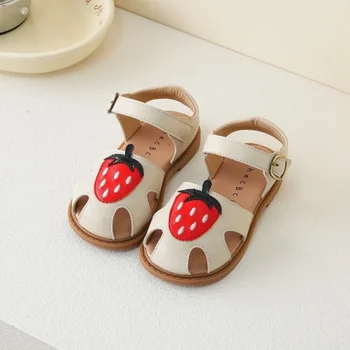Unishuni/сандали за деца за момичета; сладка лятна обувки принцеса с ягоди; детски сандали-гладиатори от мека кожа розово-бял цвят, а сандали
