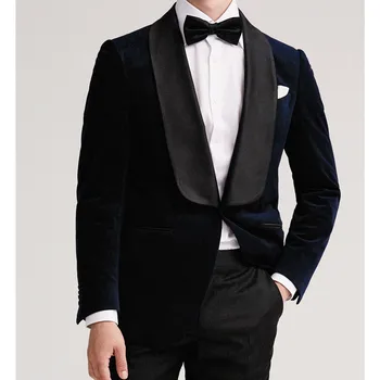 Velvet мъжки костюм, 2 броя, сако, черен панталон, смокинг на една пуговице, прозрачен сатен на ревера, модерен бизнес модерен сватбен костюм на младоженеца