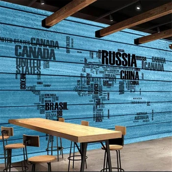 wellyu Индивидуални голям стенопис, модерни подобрения в дома, синя дървена дъска, английски азбука, карта на света, инструментална стена