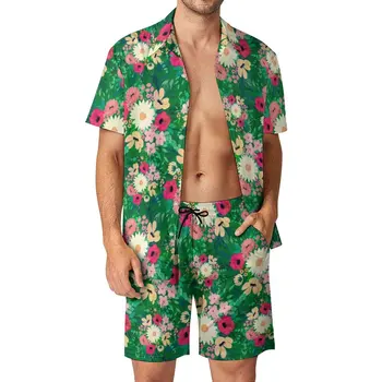Акварел принт Маргаритки, плажни дрехи, Мъжки комплекти, Цветна ежедневни риза с цветен модел, Летни Шорти, естетичен костюм от 2 теми, големи размери 3XL