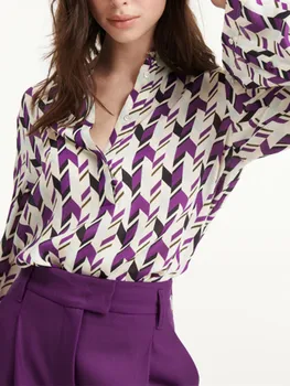 Дамска Риза с геометричен модел от смес от коприна 2023, Пролет-Лято, Нови Женски Однобортные свободни блузи с цветен завършек и дълъг ръкав