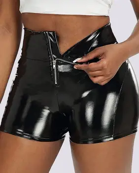 Дамски Къси кожени панталони Y2K 2023, Летни секси шорти с висока талия за горещи момичета от изкуствена кожа с цип, однотонная облекло за партита и барове