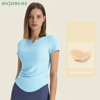 Дамски спортни тениски SHINBENE 2в1 с V-образно деколте, Тениски в рубчик с къс ръкав, монтиране топ, спортни ризи с подплата
