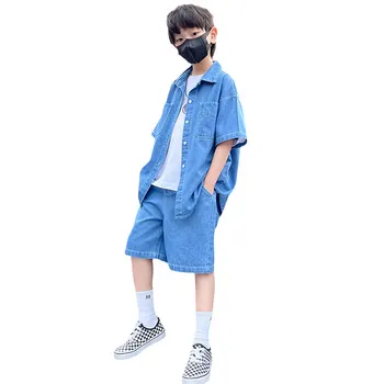 Деним костюм за момчета, Летни дрехи, Нова Детска Свободна яке с къс ръкав + Шорти, Спортни Обикновена Комплекти корейски дрехи от 5 до 14 години