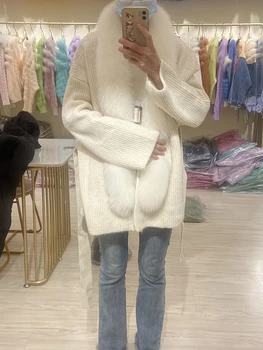 Женски Бял вязаный пуловер с яка от естествен лисьего кожа, яке, палто, женски есента кожа свободен пуловер с колан с дължина 70 см