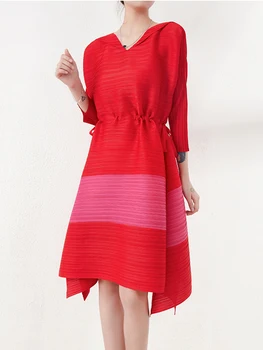 Женствена рокля с V-образно деколте, в цвят блок, Miyake, 2023, Нови Летни Елегантни дълги рокли големи Размери