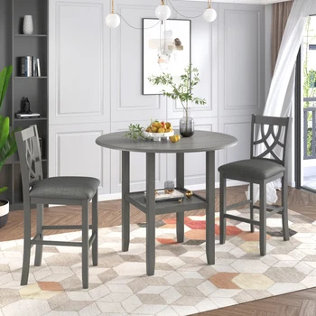 Кухненската маса за хранене от 3 теми с кръгъл плот височина с шарнирен плот, на един рафт и 2 меки столове с щанга облегалка сив цвят
