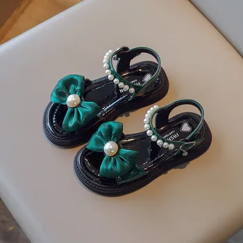Летни сандали за момичета; Нова детска мода обувки принцеса с лък и перли; меки удобни сандали на равна подметка за студенти; плажни обувки H726