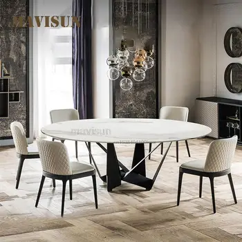 Маса за хранене и столове от италианската плоча на поръчка, модерен минималистичен ресторант на хотела, кръгла маса, Мебели за малки апартаменти