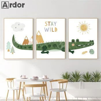 Плакат със зелен анимационни крокодили, живопис върху платно, Детски щампи, Минно Слънцето, Стенни художествени плакати, Декор на стая за момчета в скандинавски стил