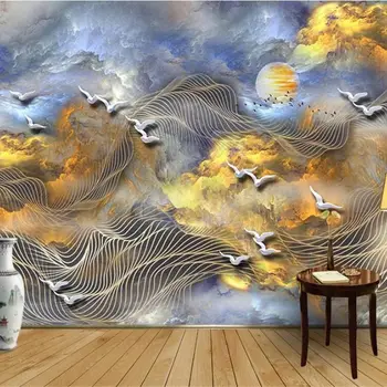 Потребителски тапети 3d стенопис нови китайски благоприятни облак абстрактни линии лети птици златен дракон предлага за фон на стената тапет