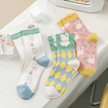 Пролетно-Летни Чорапи Памучни Чорапи с Анимационни Заек, Къси Тънки Чорапи в стил Лолита 