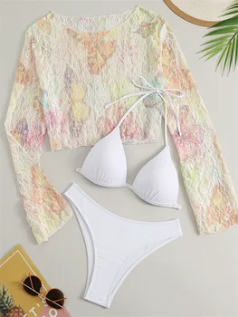 Секси мрежест комплект бикини с дълъг ръкав, женски бял бански повдигащ, 3 предмет, дамски плажен костюм плуване, бански костюм с висока талия