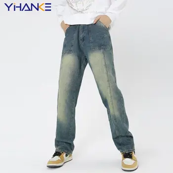 Широки дънки за мъже корейски модни дънкови панталони с висока талия и широки штанинами Реколта свободни ежедневни прави панталони Harajuku градинска облекло Y2K